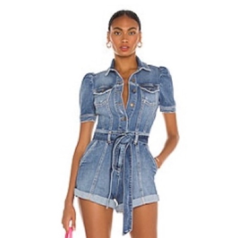 Retrofete Denim Puff Sleeve Romper Size S - Picture 1 of 6
